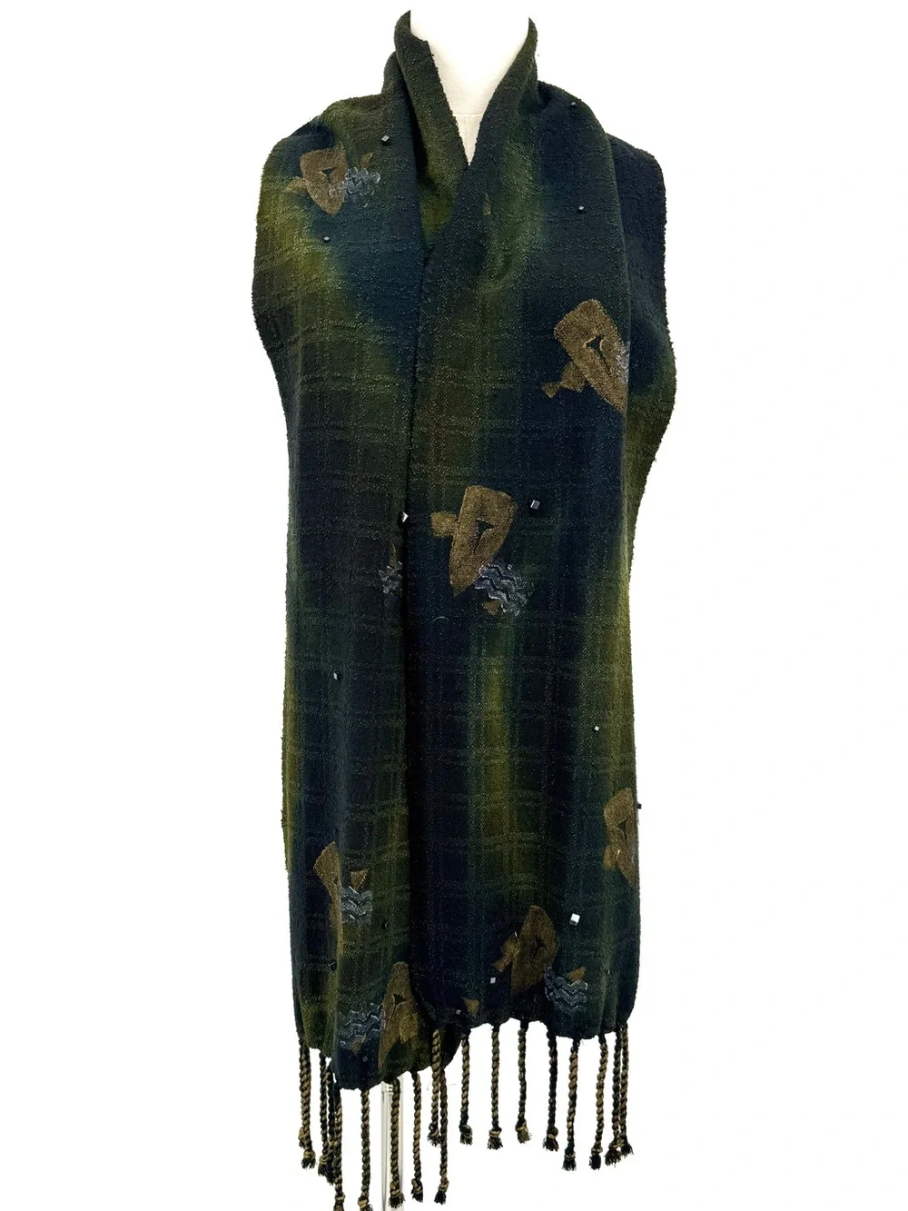 Vintage artisan crafted hand dyed raw silk shawl scarf green gold